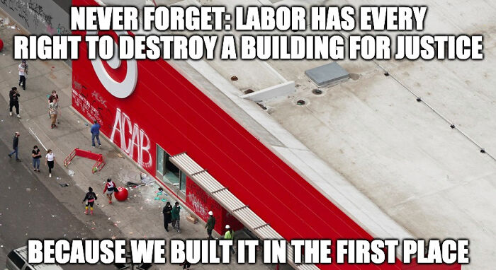 People outside a Target store with graffiti, illustrating anarchists mocking statists with questionable takes.