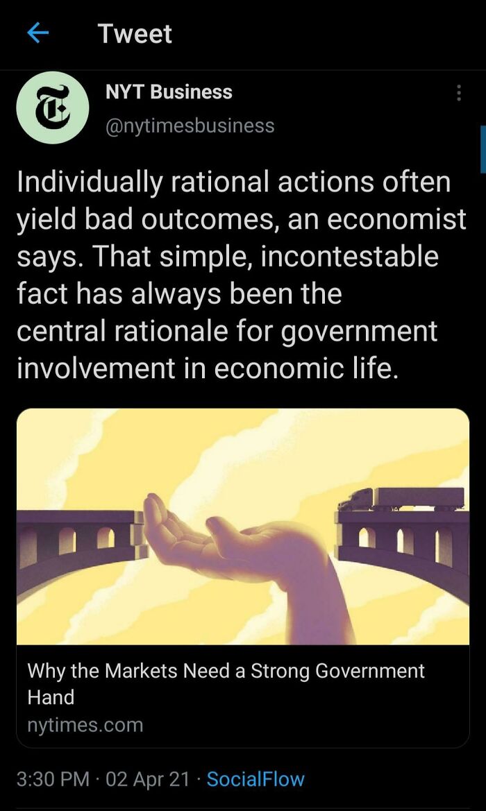 Tweet from NYT Business discussing government involvement in economic life with an illustration of a hand supporting a broken bridge.