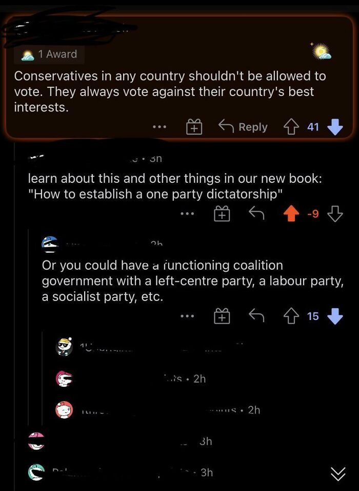 Screenshot of a discussion mocking statists with sarcastic political comments about voting and government coalitions.
