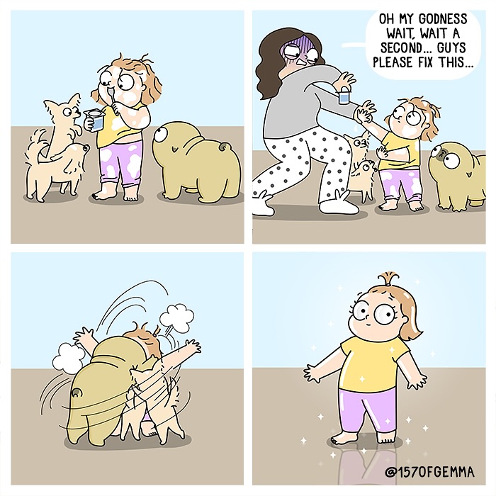 Comic panels showing an artist interacting playfully with her cute pug and other small dogs in a funny, adorable scene.