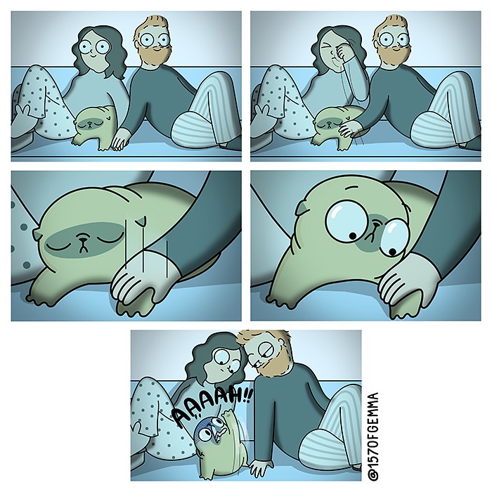 Comic strip showing an artist and her life with a cute pug in funny and adorable moments at home.