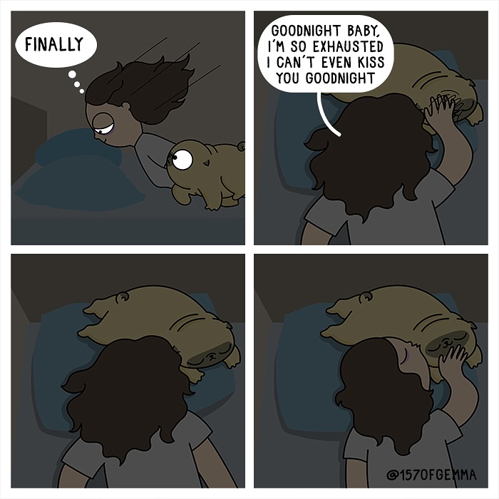 Artist and her cute pug sharing a tender moment as they get ready for bed in an adorable comic strip.