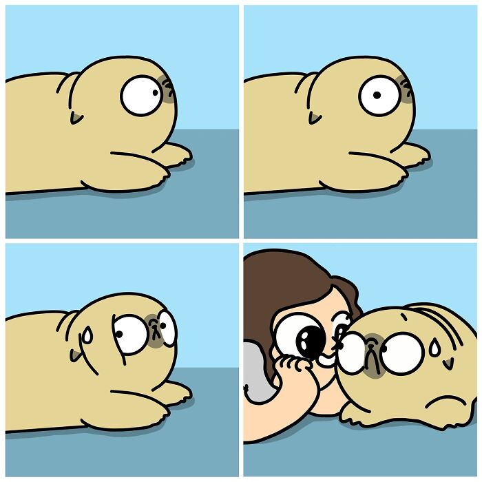 Comic panels showing a cute pug with worried eyes and an artist smiling closely, depicting life with a pug in funny comics.