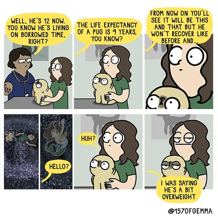 Comic panels showing an artist and her cute pug humorously discussing the pug’s age and health in everyday life.