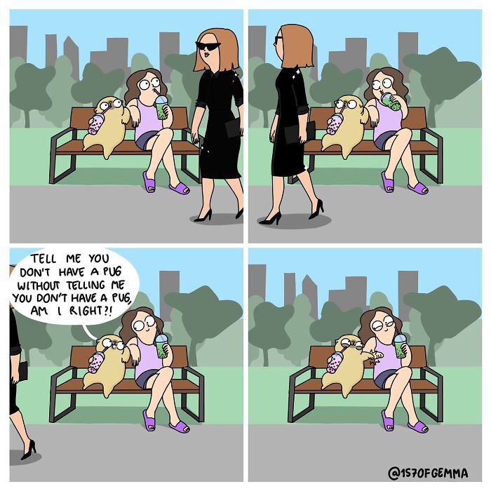 Comic panels showing an artist and her cute pug interacting humorously on a park bench, highlighting life with a pug.