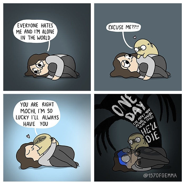 Comic panels showing an artist and her cute pug sharing emotional moments, highlighting their close and funny life together.