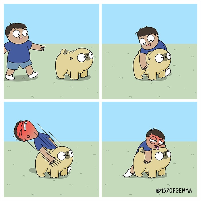 Comic panels showing an artist's funny and adorable moments struggling to ride and hug her cute pug outdoors.