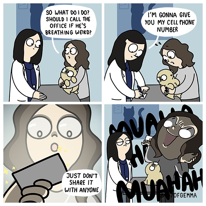 Comic panels showing an artist and her cute pug at the vet, with humorous dialogue about caring for the pug.