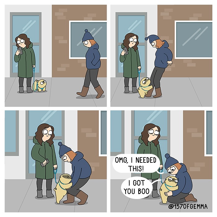 Comic strip showing an artist, her cute pug, and a warm interaction with a passerby on a city sidewalk.