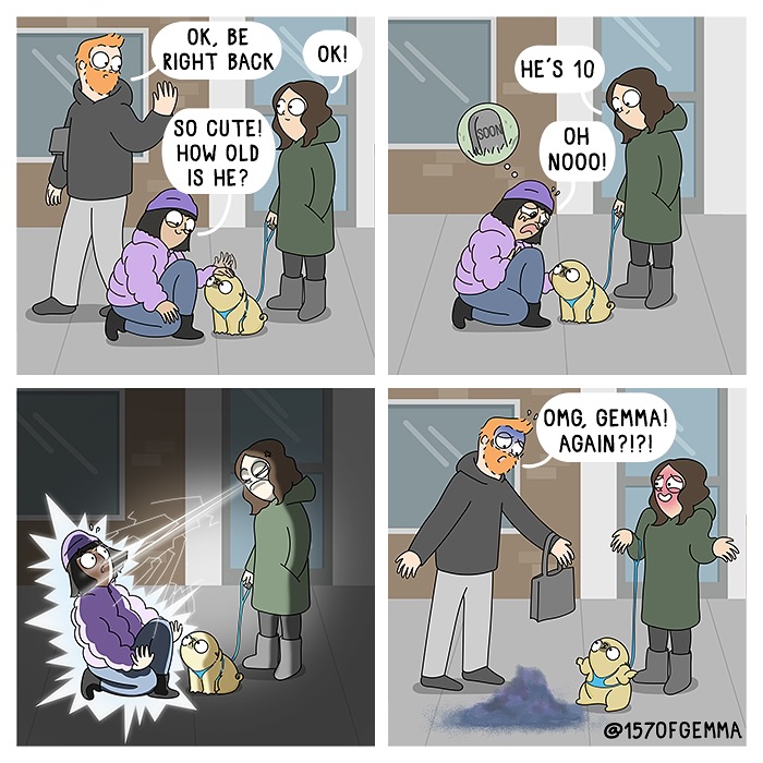 Comic panels showing an artist and her cute pug in funny interactions on the street with humorous dialogue.