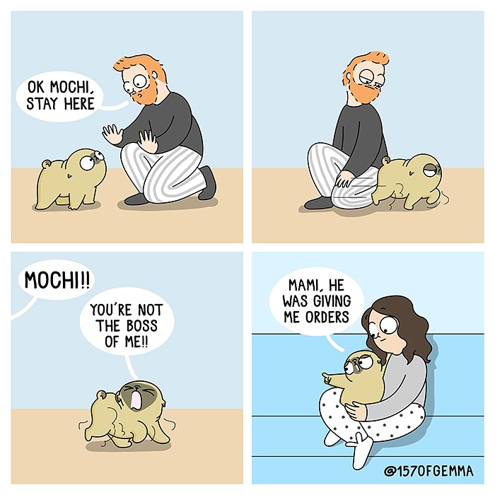 Comic panels showing funny interactions between an artist and her cute pug named Mochi in daily life.