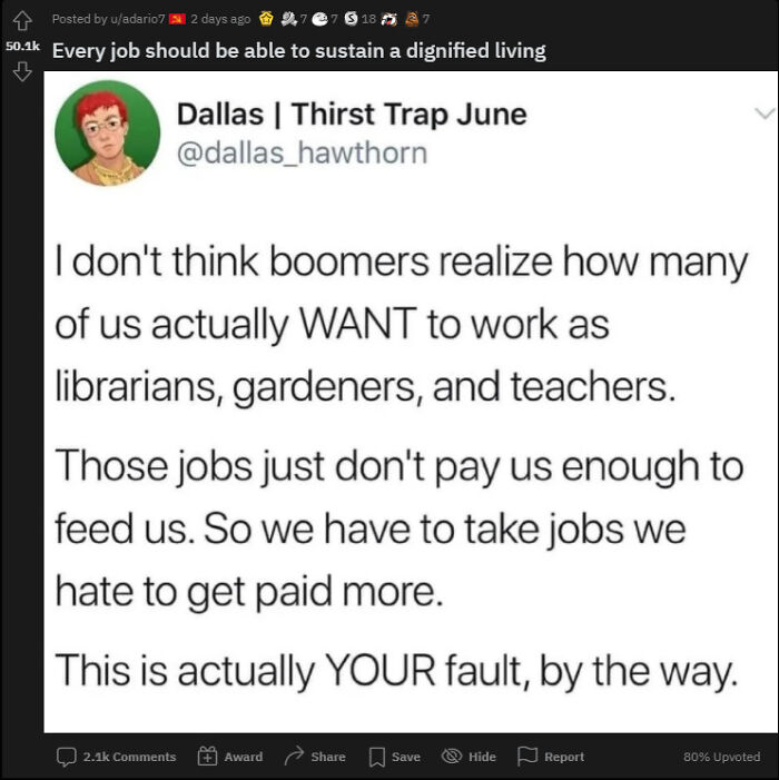 Reddit post mocking statist views on job pay and work preference, highlighting anarchist critique of economic issues.