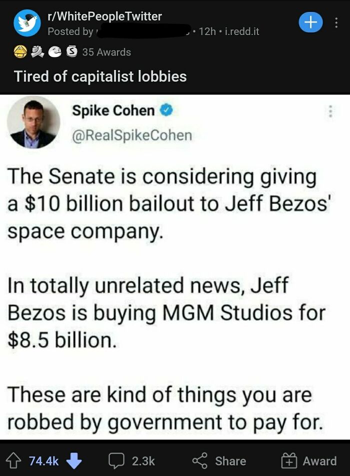 Tweet mocking statist views on government bailouts and capitalist lobbying involving Jeff Bezos and government spending.