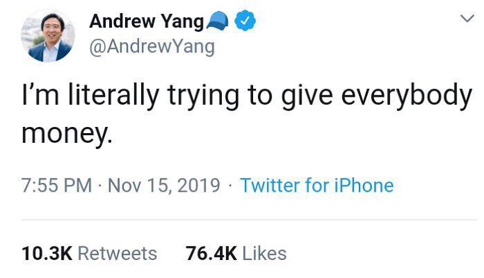 Tweet by Andrew Yang humorously illustrating statists views, featured in posts mocking statists with anarchist perspectives.