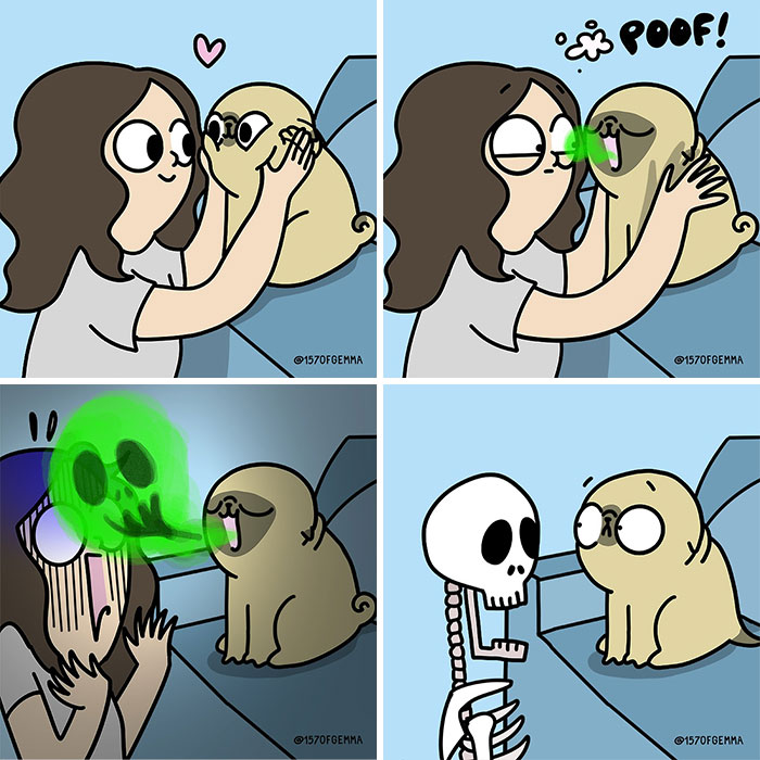 Comic panels showing an artist and her cute pug, with the pug playfully breathing green gas turning the artist into a skeleton.