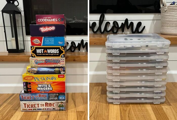 Stacked board games next to neatly organized plastic storage boxes, demonstrating dorm storage ideas for awkward nooks.