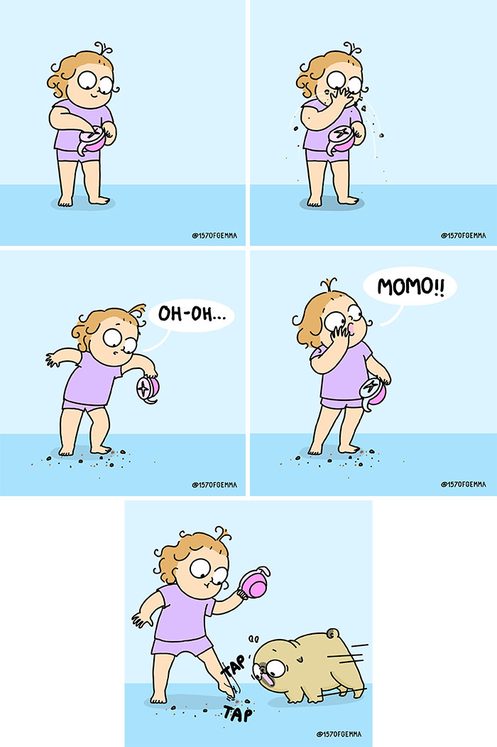 Comic strip of an artist spilling pug food, calling her cute pug Momo, who comes rushing in for a snack.