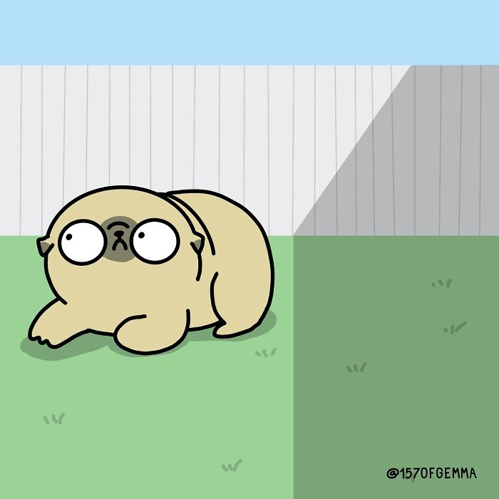 Cartoon illustration of a cute pug lying on grass in a backyard, part of adorable and funny artist comics.