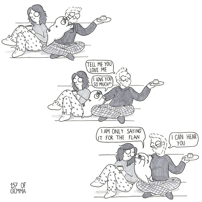 Comic strip showing an artist, her pug, and a man sharing funny, adorable moments in daily life with the cute pug.