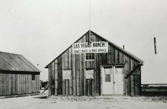 Early wooden Las Vegas ranch building serving as shop, hotel, and post office in historic birth of Vegas era.