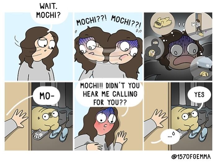 Comic strip showing an artist confusedly calling her cute pug Mochi, who calmly responds from inside a closet.