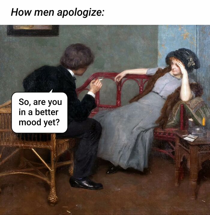 Classical painting of a man apologizing to a woman with meme text, perfect for art memes and meme paintings.