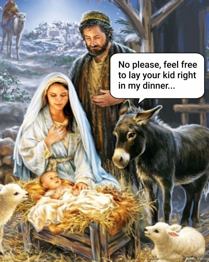 Nativity scene meme with baby Jesus in manger, donkey making humorous comment, suitable for meme paintings.