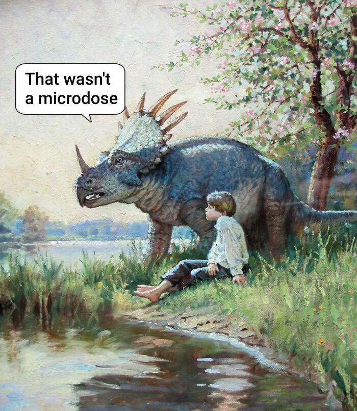 Painting of a child sitting by a river with a dinosaur, featuring a meme caption, perfect for art memes and meme paintings.