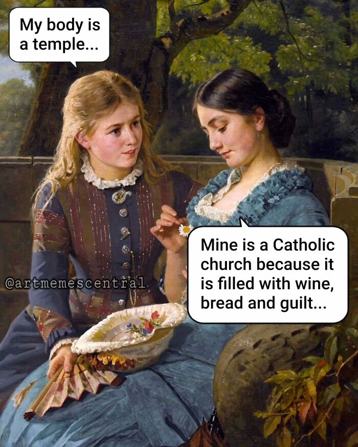 Classic painting of two women with meme text about body as a temple, featured in 50 paintings perfect for memes.