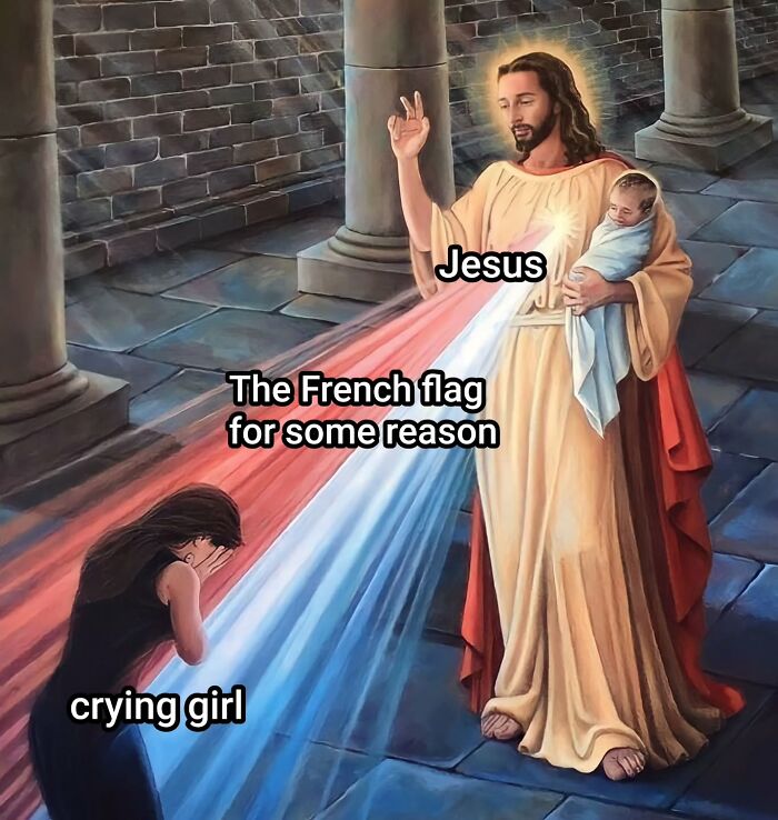 Religious painting meme with Jesus holding a baby, colored light resembling the French flag, and a crying girl.