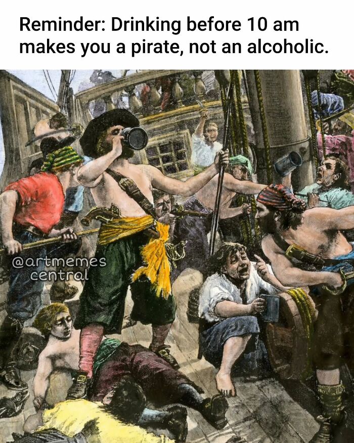 Colorful painting of pirates drinking and partying on a ship deck, perfect for memes related to humor and historical art.