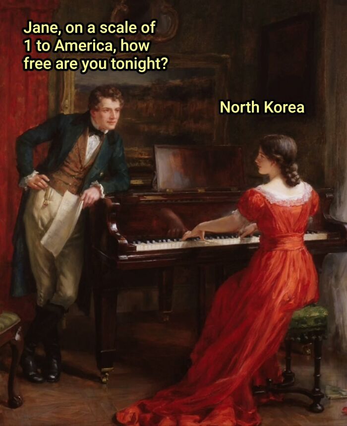 Classic painting turned meme showing a man asking a woman how free she is, with humorous text about freedom levels.