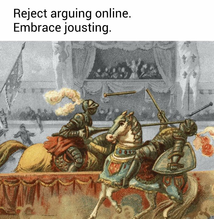 Medieval jousting painting with knights on horseback battling, perfect for memes featuring classic art humor.