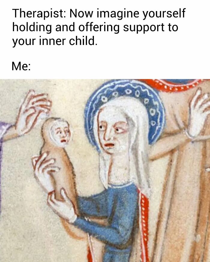 Medieval painting used in a meme showing a person holding a small figure, fitting 50 paintings for memes theme.