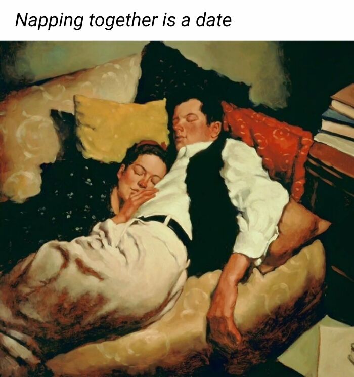 Couple napping together on a couch with pillows in a painting perfectly suited for memes from Art Memes Central.
