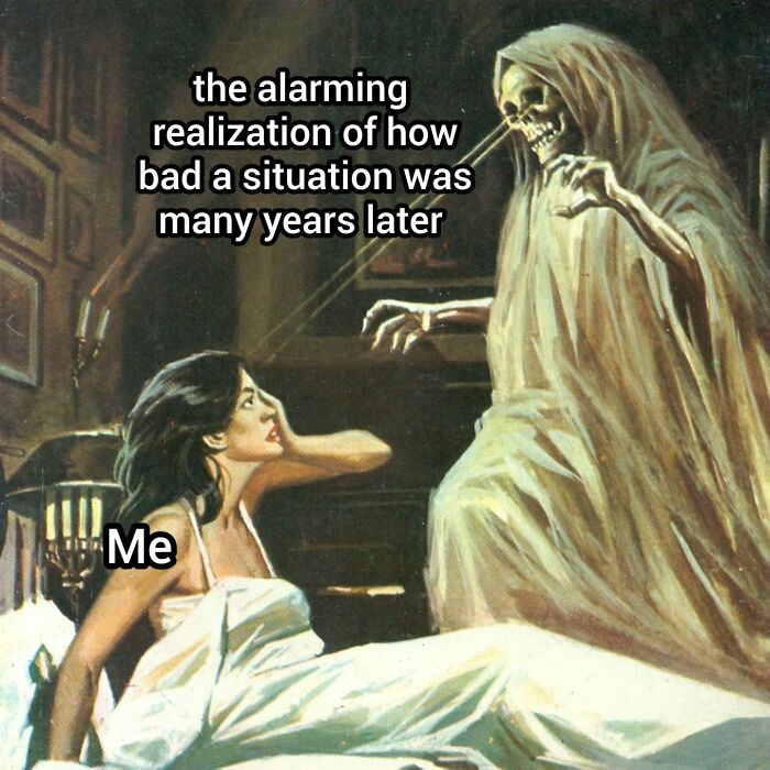 Skeleton ghost looming over woman in bed, meme painting illustrating the alarming realization of a bad situation years later.