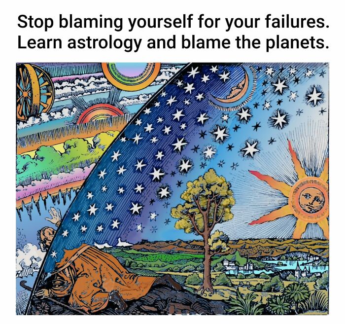Vintage cosmic painting meme with person lifting sky dome showing stars, sun, and planets, illustrating astrology in art memes.