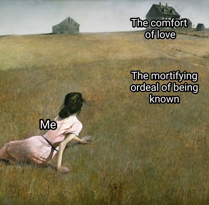 Woman in a field crawling toward a distant house, meme painting illustrating the mortifying ordeal of being known.