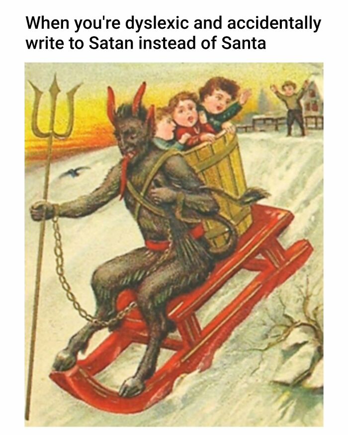 Vintage style painting of a devil riding a sled with children, perfect for memes inspired by classic art meme humor.