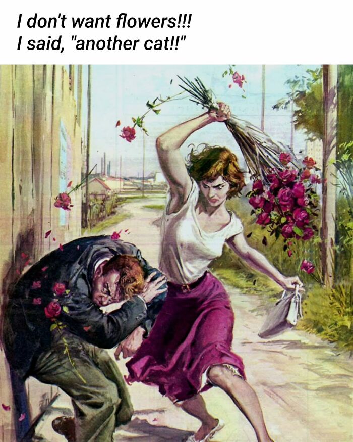 Woman angrily hitting man with flowers in a vintage painting, perfect for memes with art and humor.
