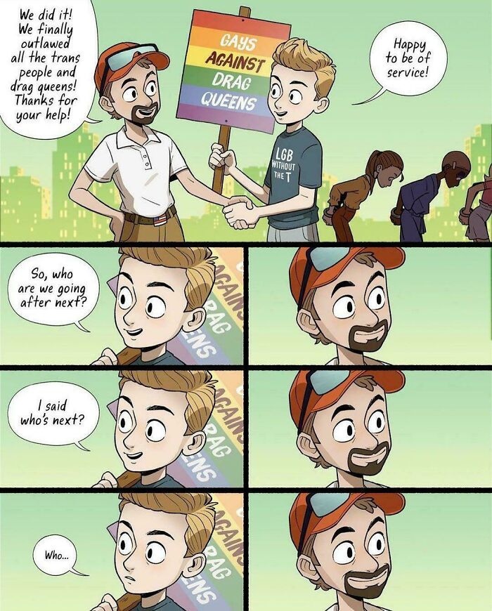 Comic strip of two men shaking hands beside a protest sign about drag queens, meme-style aged like wine posts