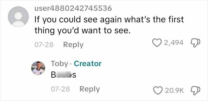 Comment asking what the first thing to see again would be, answered by an actual blind person.