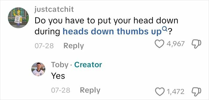 Screenshot of a social media comment exchange asking about heads down thumbs up, related to blindness experience questions.