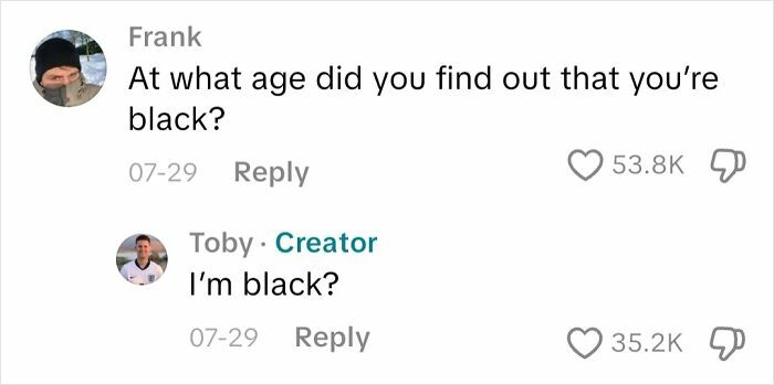 Comment exchange between two users on blindness, highlighting curiosity about personal identity from an actual blind person’s perspective.