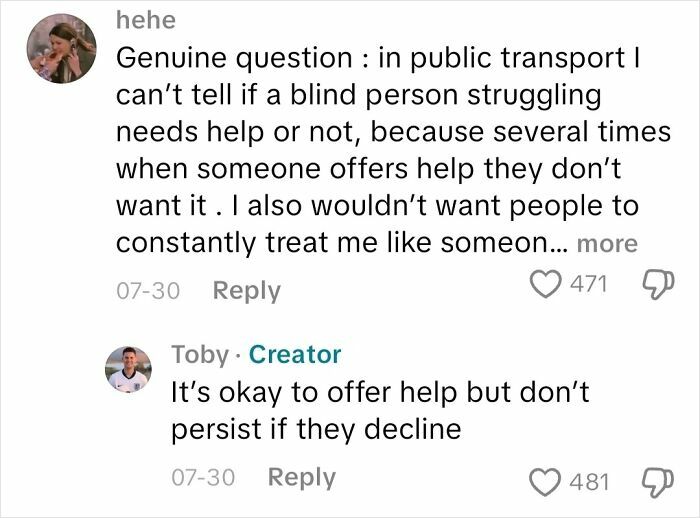 Screenshot of a conversation about offering help to blind people and understanding their needs from an actual blind person.