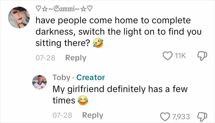 Screenshot of a social media conversation about experiences shared by a blind person responding humorously.