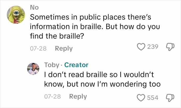 Screenshot of a conversation discussing challenges of finding braille in public places by a blind person.