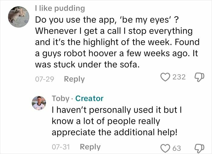 Screenshot of a conversation about using the app Be My Eyes, related to experiences of blind people.