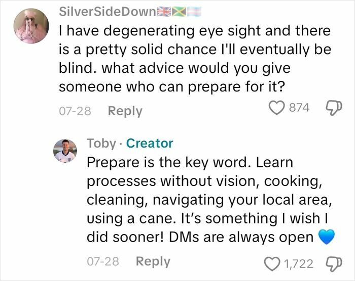 Screenshot of a conversation about preparing for blindness, offering advice from an actual blind person on adapting daily tasks.