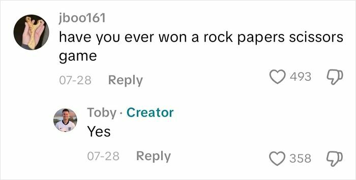 Text conversation showing a question and answer about winning a rock paper scissors game related to blindness insights.